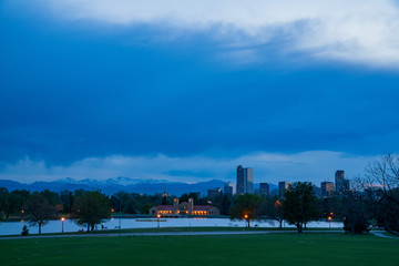 Night view of the downtown skyline from city park