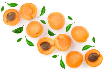Apricot fruits with leaves isolated on white background with copy space for your text. Top view. Flat lay pattern