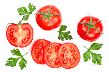 tomatoes with parsley leaves isolated on white background. Top view. Flat lay