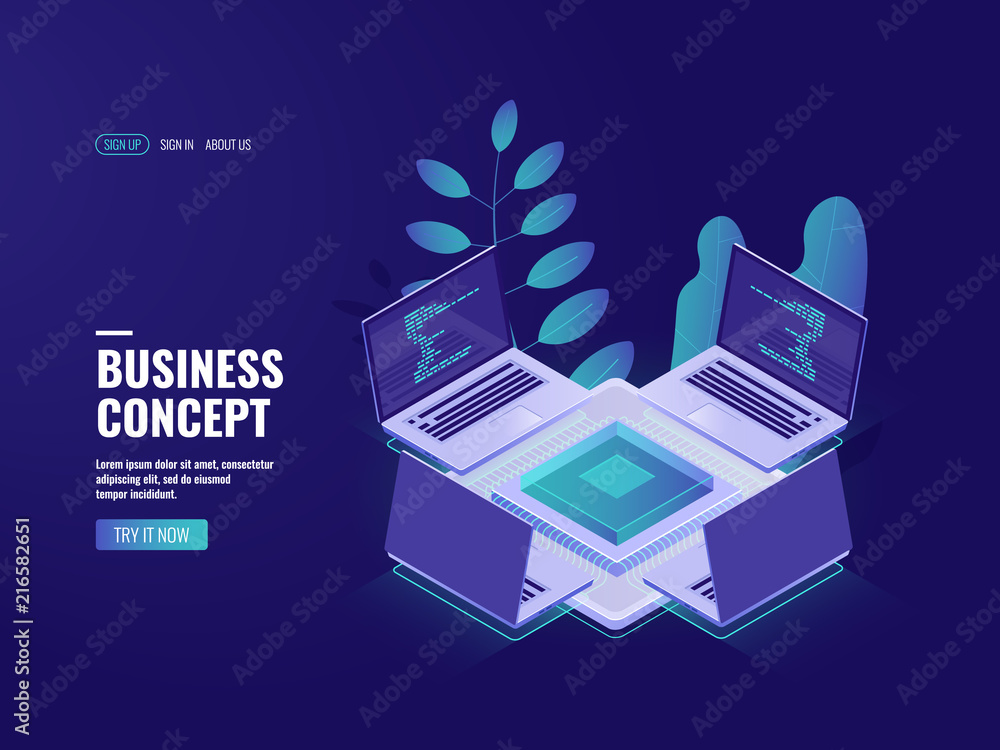 Poster server room isometric big data processing, cloud storage, blockchain technology, data center and dat