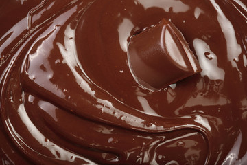 Melted chocolate and pieces of chocolate bar as a background closeup