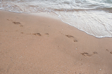 Fototapeta na wymiar Sea wave, running on a sandy beach washng away the footprints.