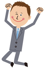 ポップなグレーのスーツの短髪ビジネスマンがグージャンプ