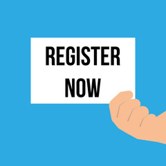 Man showing paper REGISTER NOW text