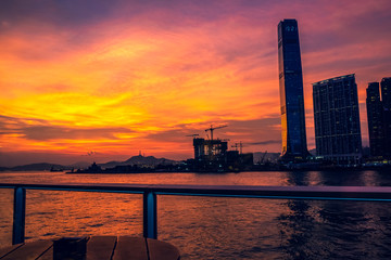 Sunset of Victoria Harbor of Hong Kong