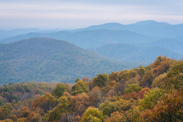 Autumn view of Blue Ridge mountain ridges from Skyline Drive in Shenandoah National Park, Virginia