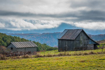 Barn and low clouds over the Blue Ridge Mountains, seen from the Blue Ridge Parkway in Virginia.