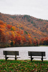 Obraz premium Benches and autumn color at Sherando Lake, near the Blue Ridge Parkway in George Washington National Forest, Virginia.