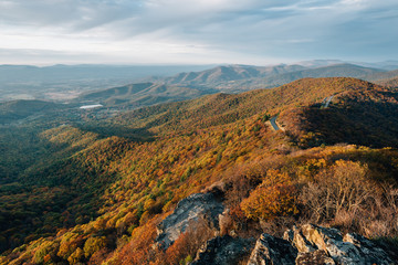 Fall color and Blue Ridge Mountains from Little Stony Man Cliffs, on the Appalachian Trail in...