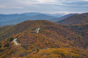 Fototapeta premium Fall color and Blue Ridge Mountains from Little Stony Man Cliffs, on the Appalachian Trail in Shenandoah National Park, Virginia