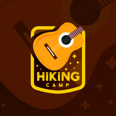 Hiking logo with guitar. Realistic guitar on travel logo