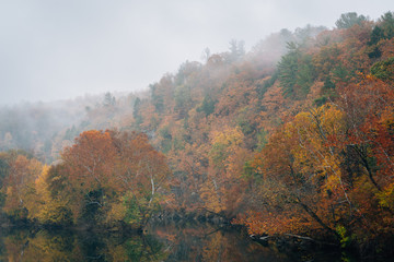 Fog and autumn color on the James River, from the Blue Ridge Parkway in Virginia.
