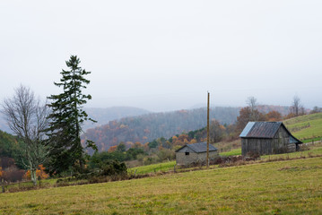 Foggy view of a farm along the Blue Ridge Parkway in Virginia.