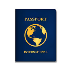 International blue version passport concept drawn in realistic 3d style
