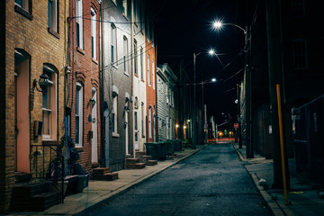 Row houses at night, in Fells Point, Baltimore, Maryland