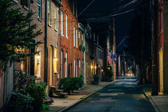 Row Houses On Bethel Street At Night, In Fells Point, Baltimore, Maryland