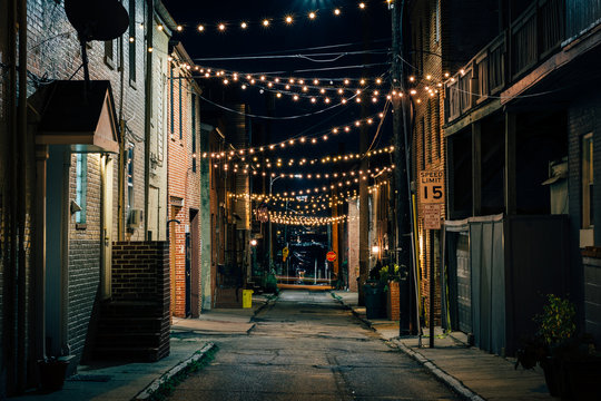 String lights over Chapel Street at night in Butchers Hill, Baltimore,  Maryland Stock Photo | Adobe Stock