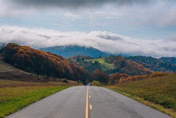 The Blue Ridge Parkway and fog over mountains in Virginia.