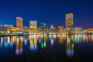 The Inner Harbor skyline at night, in Baltimore, Maryland