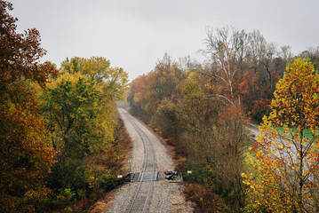 View of a railroad track along the James River, from the Blue Ridge Parkway in Virginia.