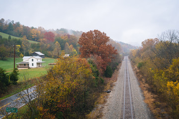 View of a railroad track along the James River, from the Blue Ridge Parkway in Virginia.