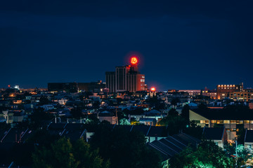 View of the Natty Boh Tower at night in Canton, Baltimore, Maryland