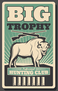 Hunting club retro banner with bison, hunter rifle