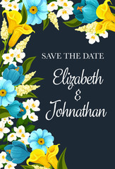 Save the date wedding invitation with blue flowers