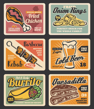 Fast food meal and drinks vintage menu cards