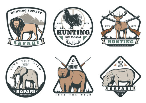Wild animals and birds safari hunting retro badges