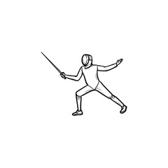 Man practicing fencing hand drawn outline doodle icon. Fencer, swardsman, fencing competition concept. Vector sketch illustration for print, web, mobile and infographics on white background.