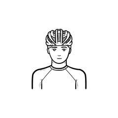 Man wearing bicycle helmet hand drawn outline doodle icon. Bicycle equipment, cyclist protection concept. Vector sketch illustration for print, web, mobile and infographics on white background.