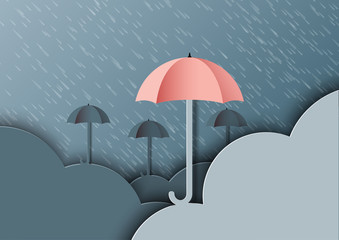 Origami umbrellas with clouds on monsoon background and rainy season.Paper art style vector illustration.