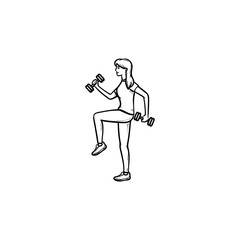 Woman training with dumbbells hand drawn outline doodle icon. Fitness in gym, exercises with dumbbells concept. Vector sketch illustration for print, web, mobile and infographics on white background.