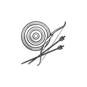 Target, bow and arrows hand drawn outline doodle icon. Archery sport, bullseye and target board concept. Vector sketch illustration for print, web, mobile and infographics on white background.