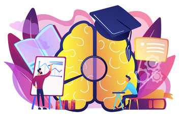 Brain with magnigier and academic cap and user learning. Learning style, learning and brain process, memory and knowledge, education and training concept, violet palette. Vector isolated illustration.