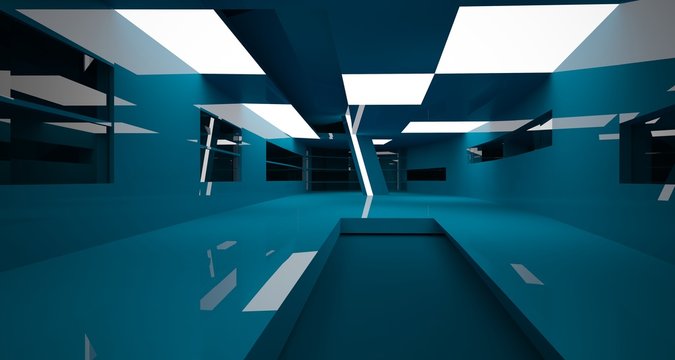 Abstract interior of the future in a minimalist style with violet sculpture. Night view from the backligh. Architectural background. 3D illustration and rendering