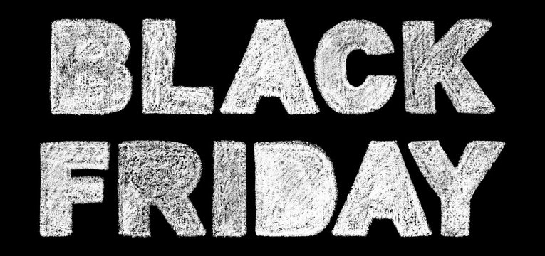 black friday bold text inscription lettering, handwritten white chalk letters isolated on black background, stock photo image