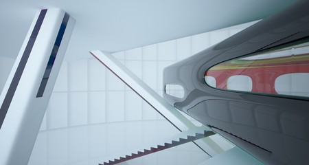 Fototapeta premium Abstract white and colored gradient glasses interior multilevel public space with window. 3D illustration and rendering.