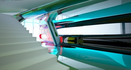 Abstract white and colored gradient glasses interior multilevel public space with window. 3D illustration and rendering.