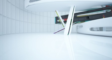 Abstract white and colored gradient glasses interior multilevel public space with window. 3D illustration and rendering.