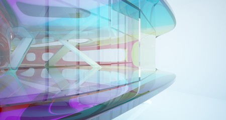 Abstract white and colored gradient glasses interior multilevel public space with window. 3D illustration and rendering.