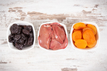 Nutritious products containing vitamin A, concept of healthy nutrition as source minerals