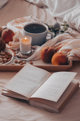 Breakfast in bed, a tray of tea, croissants, fruit, flowers. Open the book the text is out of focus. Background layout. a day off