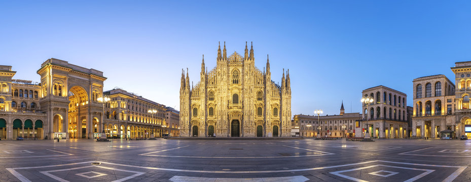 Fototapeta Milan panorama city skyline sunrise at Milano Duomo Cathedral, Milan Italy