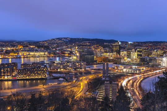 Oslo night aerial view city skyline at business district and Barcode Project, Oslo Norway