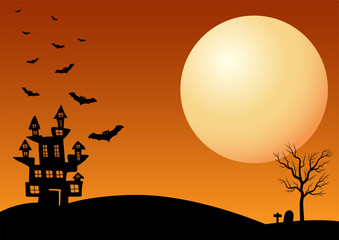 Fototapeta na wymiar Halloween vector background with dark castle, moon and bat silhouette style of sunset orange light