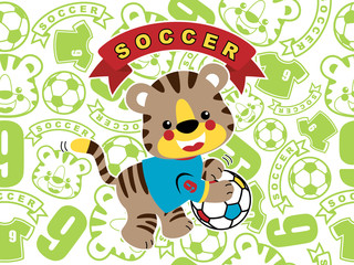 Vector illustrations of playing ball with funny tiger cartoon on seamless pattern background