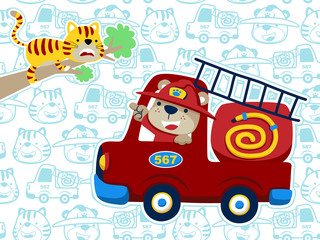 Vector illustrations of firefighter cartoon on seamless pattern cartoon