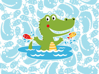 Vector of happy crocodile cartoon on seamless pattern background